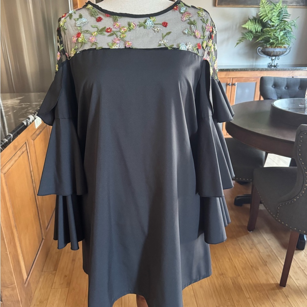 Black Dress with Floral Embroidered Mesh